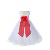 V-Neck Tulle White/Guava Flower Girl Dress Wedding Pageant 108