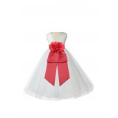 V-Neck Tulle Ivory/Guava Flower Girl Dress Wedding Pageant 108