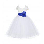 Ivory/Horizon V-shaped Neckline Short Sleeves Tulle Flower Girl Dress 154S