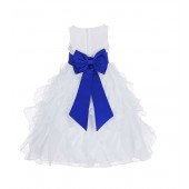 White/Royal Blue Ruffled Organza Flower Girl Dress Wedding Pageant 168T