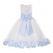 White / Ice Blue Floral Lace Heart Cutout Flower Girl Dress with Petals 185T