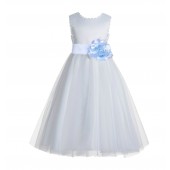 White / Ice Blue V-Back Lace Edge Flower Girl Dress 183T