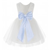 White / Ice Blue Flower Backless Lace Flower Girl Dress V-Back 206T