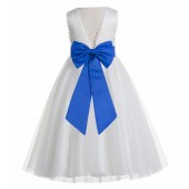 Ivory / Royal Blue V-Back Lace Edge Flower Girl Dress 183T