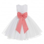 White / Coral Lace Organza Flower Girl Dress 186T