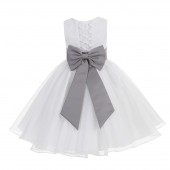 White / Mercury Grey Lace Organza Flower Girl Dress 186T