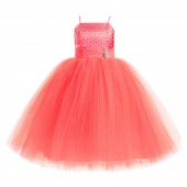 Coral Tulle Rhinestone Tulle Dress Flower Girl Ball Gown 189