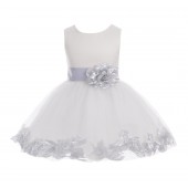 Ivory/ Silver Rose Petals Tulle Flower Girl Dress Pageant 305T