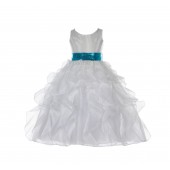 Ivory Ruffled Organza Turquoise Sequin Sash Flower Girl Dress 168mh