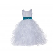 White Ruffled Organza Turquoise Sequin Sash Flower Girl Dress 168mh