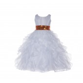 White Ruffled Organza Orange Sequin Sash Flower Girl Dress 168mh