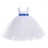White / Royal Blue Sweetheart Neck Cotton Top Tutu Flower Girl Dress 171R