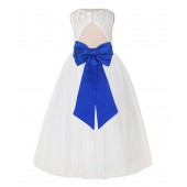 Ivory / Horizon Blue Lace Tulle Scoop Neck Keyhole Back A-Line Flower Girl Dress 178