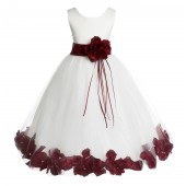 Ivory/Burgundy Floral Rose Petals Tulle Flower Girl Dress 007