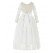 Ivory A-Line V-Back Lace Flower Girl Dress with Sleeves 290R