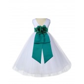 V-Neck Tulle White/Jade Flower Girl Dress Wedding Pageant 108