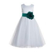 White / Jade Green V-Back Lace Edge Flower Girl Dress 183T