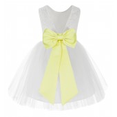 White / Lemon LIme Flower Backless Lace Flower Girl Dress V-Back 206T