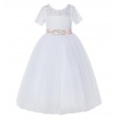 White / Dusty Rose Floral Lace Flower Girl Dress Vintage Dress LG2