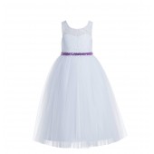 White / Lilac Lace Tulle Scoop Neck Keyhole Back A-Line Flower Girl Dress 178