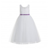 Ivory / Lilac Lace Tulle Scoop Neck Keyhole Back A-line Flower Girl Dress 178