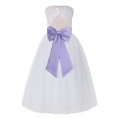 White / Lilac Lace Tulle Scoop Neck Keyhole Back A-Line Flower Girl Dress 178