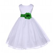 White/Lime Satin Bodice Organza Skirt Flower Girl Dress 841T