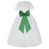 Ivory / Kelly Lime Green Floral Lace Flower Girl Dress Vintage Dress LG2