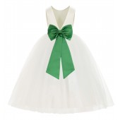 Ivory / Kelly Lime Green Flower V-Back Satin Flower Girl Dress 219T