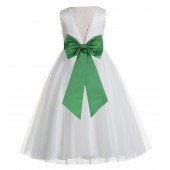 Ivory / Kelly Lime Green V-Back Lace Edge Flower Girl Dress 183T