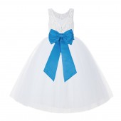 White / Malibu Blue V-Back Lace Flower Girl Dress Lace Tutu Dress 212NOFT