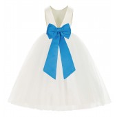 Ivory / Malibu Blue Flower V-Back Satin Flower Girl Dress 219T