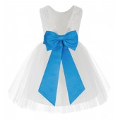 White / Malibu Blue Flower Backless Lace Flower Girl Dress V-Back 206T