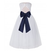 White / Marine Blue Lace Tulle Scoop Neck Keyhole Back A-Line Flower Girl Dress 178
