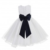 White / Marine Blue Lace Organza Flower Girl Dress 186T