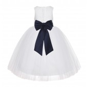 White / Marine Blue Floral Lace Flower Girl Dress White Ball Gown Lg7