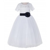 White / Marine Blue Floral Lace Flower Girl Dress Vintage Dress LG2