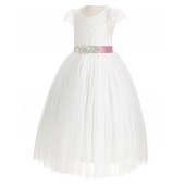 Ivory / Mauve Cap Sleeves Lace Flower Girl Dress V-Back Lace Dress 622R3