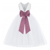 White / Mauve V-Back Satin Flower Girl Dress 219T