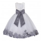 White / Mercury Gray Floral Lace Heart Cutout Flower Girl Dress with Petals 185T