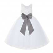 White / Mercury Gray V-Back Lace Flower Girl Dress Lace Tutu Dress 212NOFT