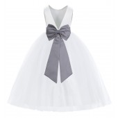 White / Mercury Grey V-Back Satin Flower Girl Dress 219T