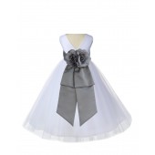 V-Neck Tulle White/Mercury Flower Girl Dress Wedding Pageant 108