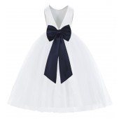 White / Midnight Blue V-Back Satin Flower Girl Dress 219T