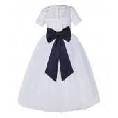 White / Midnight Blue Floral Lace Flower Girl Dress Vintage Dress LG2