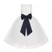 Ivory / Midnight Blue Flower Floral Lace Flower Girl Dress White Ball Gown Lg7