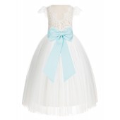 Ivory / Mint Cap Sleeves Lace Flower Girl Dress V-Back Lace Dress 622T