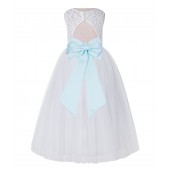 White / Mint Lace Tulle Scoop Neck Keyhole Back A-Line Flower Girl Dress 178