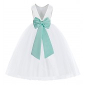 White / Mint V-Back Satin Flower Girl Dress 219T