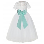 Ivory / Mint Green Floral Lace Flower Girl Dress Vintage Dress LG2